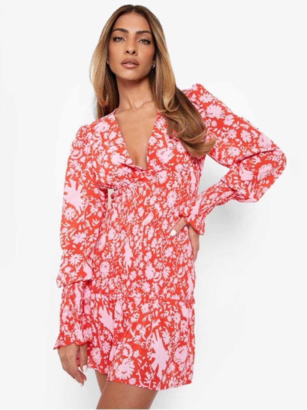 NWT Boohoo Puff Sleeve Floral V-Neck Smocked Mini Dress Red & Light Pink Size 4